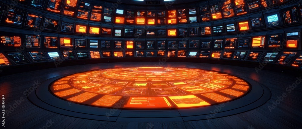 Poster a futuristic control room filled with glowing screens and a vibrant circular platform, creating a hi