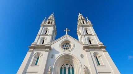 Stunning Historical Church with Two Towering Spires Against Blue Sky