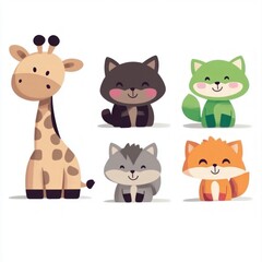 Obraz premium Adorable Giraffe Cats and Foxes Illustration Cartoon Animals Kids Cute Friendly Hap