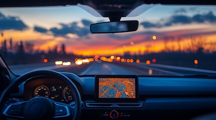 The view from the driver's seat of an SUV on the highway. In front is the steering wheel, and to its right, the rearview mirror with a street map visible on the screen.