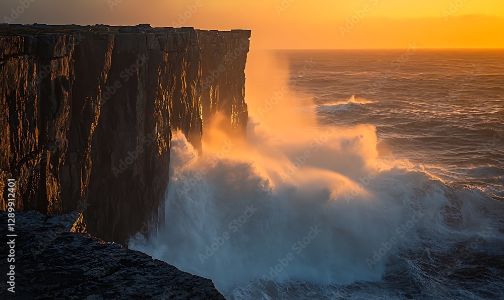 Poster waves crashing against rugged cliffs at sunset create a dramatic coastal scene.