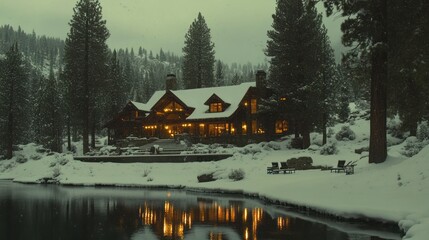 Fototapeta premium Snowy Lakeside Lodge: A Winter Wonderland Escape