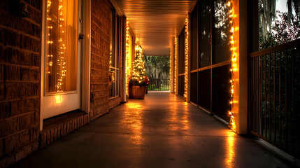 Fototapeta premium Warm Glowing String Lights on Brick Porch at Night