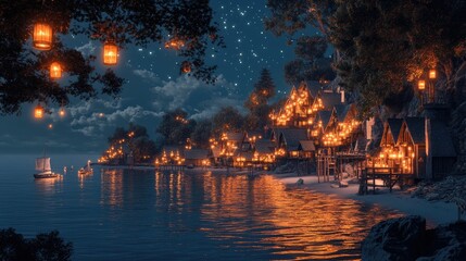 Fototapeta premium Night scene; illuminated coastal village; water; sailboat; lanterns.