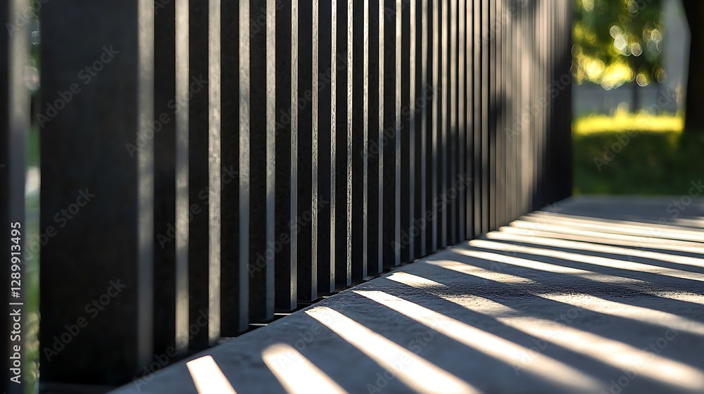 Poster fence casting light and shadow patterns on concrete in park setting