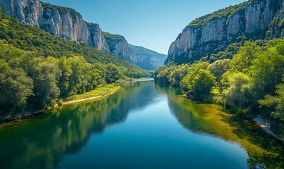 Obraz premium Serene river flowing between lush green cliffs under a clear blue sky.