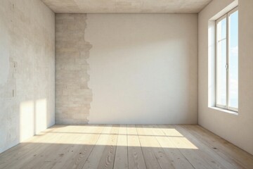 Sunlit Empty Room with Partially Exposed Brick Wall and Wood Floor Awaiting Renovation
