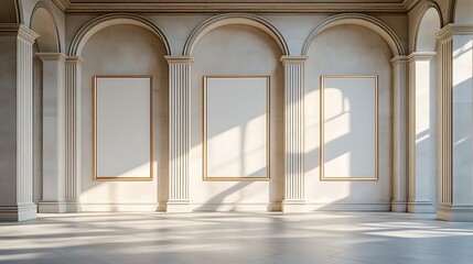 Three large frames hang on the wall of an old white stone museum, with columns and arches, in neutral colors, depicting hyper-realistic scenes.