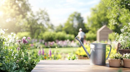 Peaceful Garden Scene with Watering Can and Flowers in Bloom
