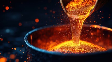 Molding hologram graph concept. Molten Metal Being Poured into a Mold Transforming into a Solid Form through Intense Heat and Flow