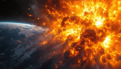 A massive asteroid explodes upon impact with Earth creating a fiery and dramatic scene Perfect for illustrating disaster movies or science fiction projects.