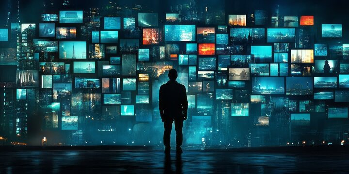 A silhouetted figure watches various screens displaying cityscape imagery