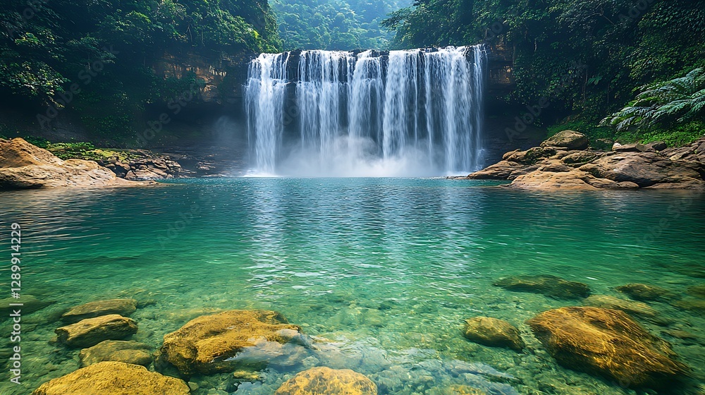 Poster lush waterfall cascading into a serene turquoise pool surrounded by greenery.