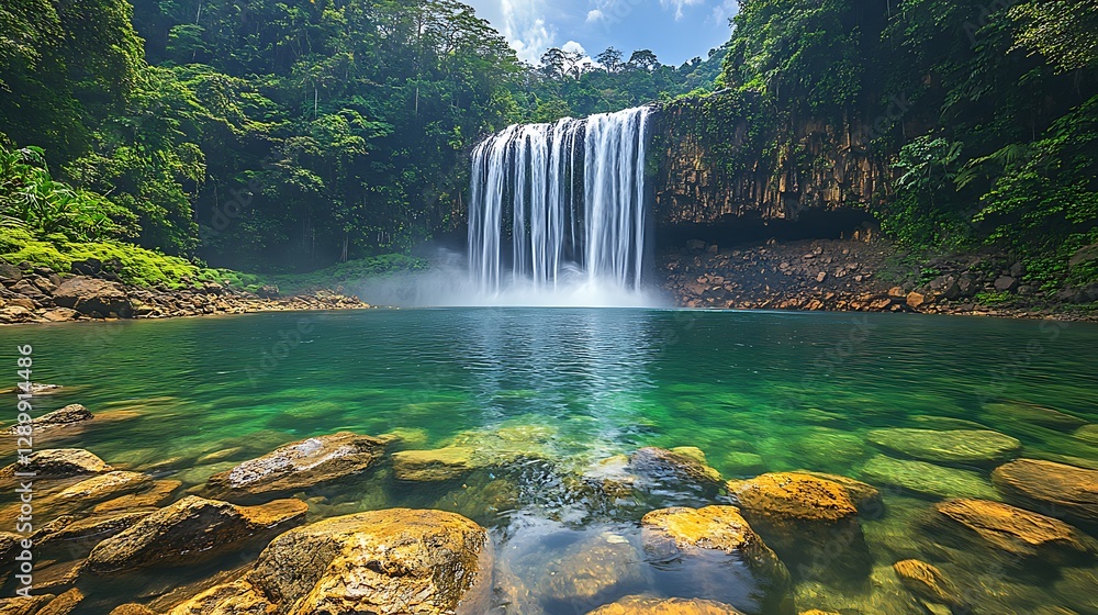 Aufkleber majestic waterfall cascading into a serene, clear pool surrounded by lush greenery.