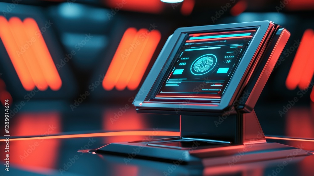 Aufkleber a futuristic control panel glows with vibrant red and blue lights, displaying intricate digital data