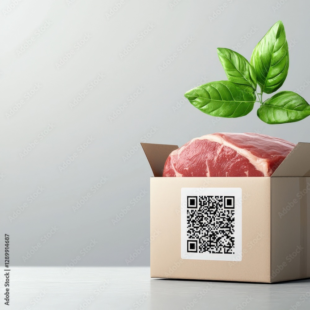 Poster a box with a qr code on it and a piece of meat inside