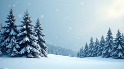 Fototapeta premium Serene Winter Wonderland Snow-Covered Evergreen Trees on a Gently Rolling Hill Under a Light Snowfall