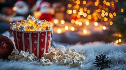 Popcorn in a bowl surrounded by colorful christmas lights on a wooden table