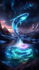 Fototapeta premium Celestial Whale in Cosmic Dreamscape: A majestic, glowing whale leaps from a shimmering pool, soaring amidst a vibrant, star-studded nebula and snow-capped mountains.