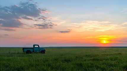 Teal Truck in a Green Field at Sunset