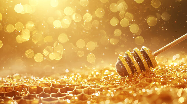 Rich golden honeycomb with rustic honey dipper, creating warm, inviting atmosphere