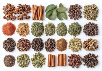 A Vibrant Array of Herbs and Spices Featuring Cinnamon, Star Anise, Bay Leaves, and Various Unique Ingredients on a Clean White Background