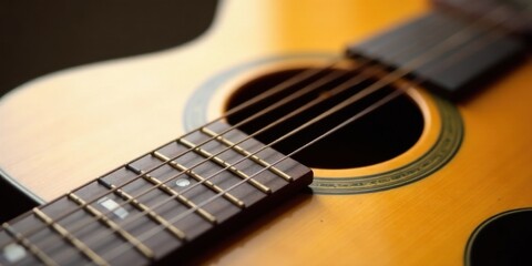Fototapeta premium Close-up view of an acoustic guitar's fretboard and soundhole, showcasing the intricate detail and warm wood tones of a musical instrument