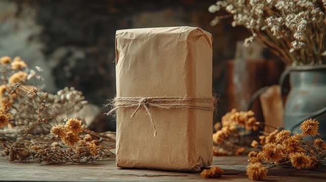Brown paper bag tied with string hanging against a plain background for packaging or storage purposes