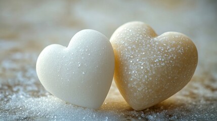 Two white hearts placed on a wooden table in a soft natural light setting