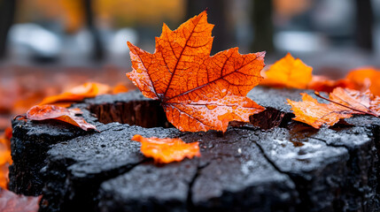 Autumn leaf on wet tree stump, park background, fall season