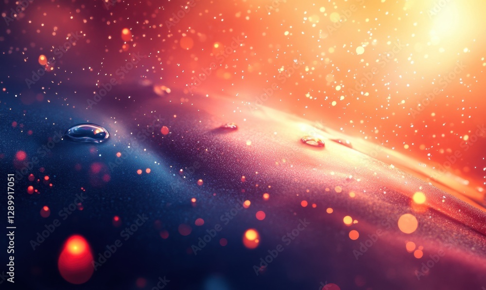 Aufkleber water drops on surface with colorful, sparkling bokeh background