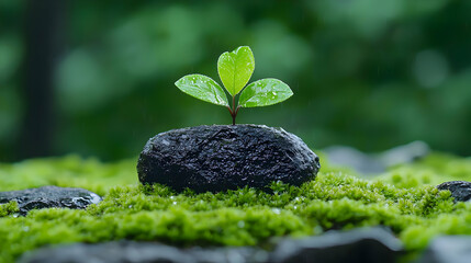 Sprout growing on mossy rock, nature background, new life, environmental concept