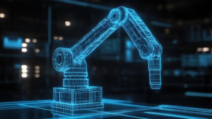 3D glowing hologram of robotic arm.