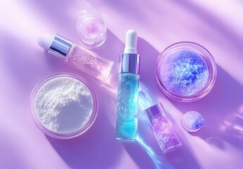 Aesthetic Beauty Products in Pastel Color Scheme with Glitter, Bottles, Jars, and Crystals on Soft Purple Background for Skincare and Cosmetic Themes