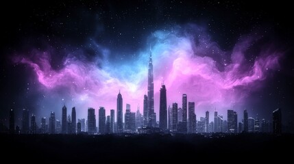 Magical Nightscape  Futuristic City Skyline  Purple Nebula  Skyscrapers  Urban Fantasy