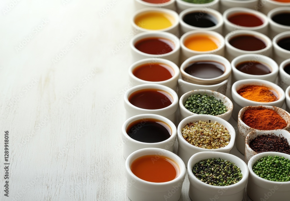 Aufkleber an array of colorful spices and oils in small bowls on a wooden table creating a vibrant culinary di