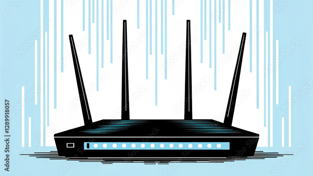 Poster cyberpunk style router emitting neon data streams in digital environment