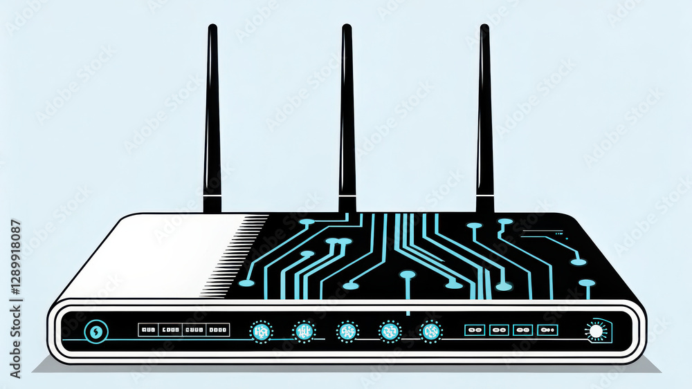 Poster futuristic data router with glowing circuit connections and antennas