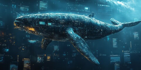 Futuristic whale composed of circuits swims in a digital ocean