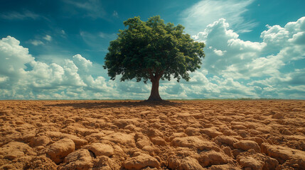 Solitary survivor: lone green tree defies arid, cracked earth—a stark symbol of resilience amid climate change and environmental destruction