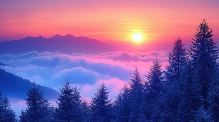 Obraz premium Majestic Sunset Over Snowy Mountains and Pine Trees