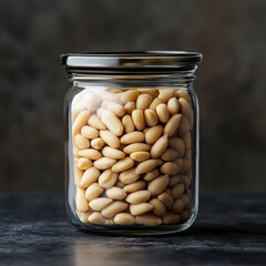 A close-up image of a glass jar filled with healthy, organic beans, showcasing a natural, wholesome snack with a rustic, earthy feel