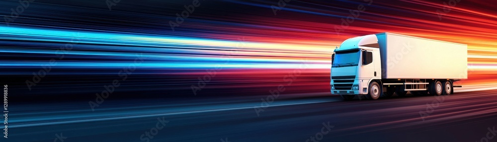 Poster a dynamic image of a truck moving at high speed, surrounded by vibrant streaks of light, symbolizing