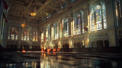 Fototapeta premium Majestic Hall Stained Glass Intricate Carvings Grand Architecture Sunlit Interior