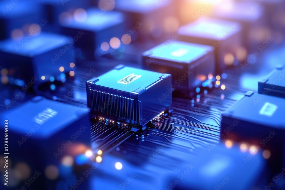 Poster a close-up view of computer microchips on a circuit board with a blue glow, showcasing advanced tech