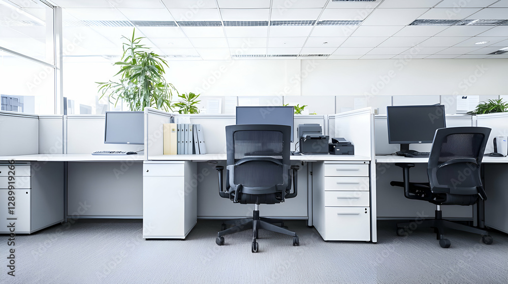 Poster empty modern office cubicles with computers and desks