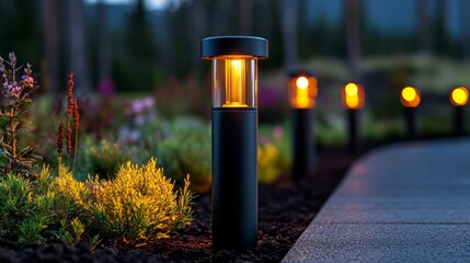 Illuminated Pathway:  A pathway illuminated by modern, cylindrical bollard lights, creating a warm, inviting ambiance in the tranquil evening.