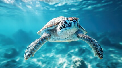 Fototapeta premium Turtle swimming gracefully in clear blue ocean water under sunlight near coral reef