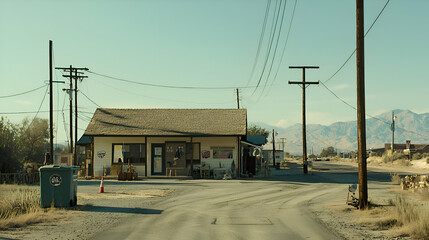 Desert Landscape with Abandoned Store and Mountains