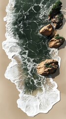 Aerial view of a coastal scene featuring a winding waterway, rocky shoreline, turbulent ocean waves, and lush vegetation in shades of green, beige, and white.